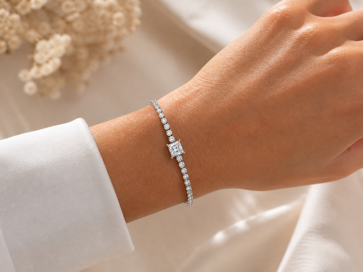 Moissanit Tennis Armband (Center Stone Tennis Bracelet princess cut)