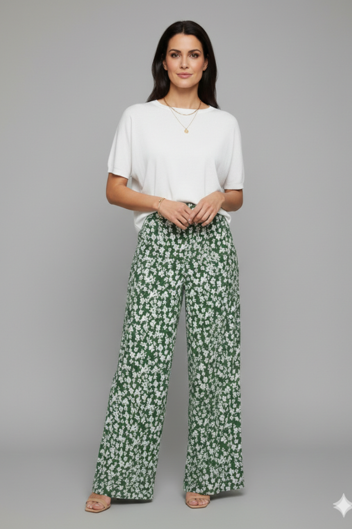 Angela | Damen Freizeithose im Palazzo-Stil mit Blumenmuster und Weiten Beinen