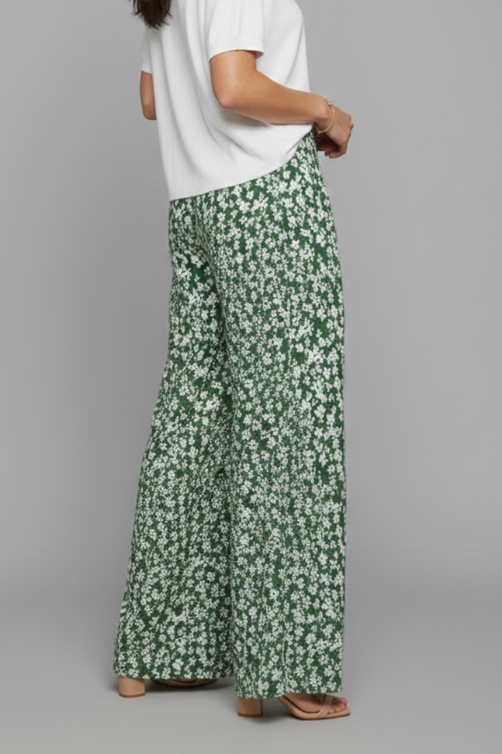 Angela | Damen Freizeithose im Palazzo-Stil mit Blumenmuster und Weiten Beinen
